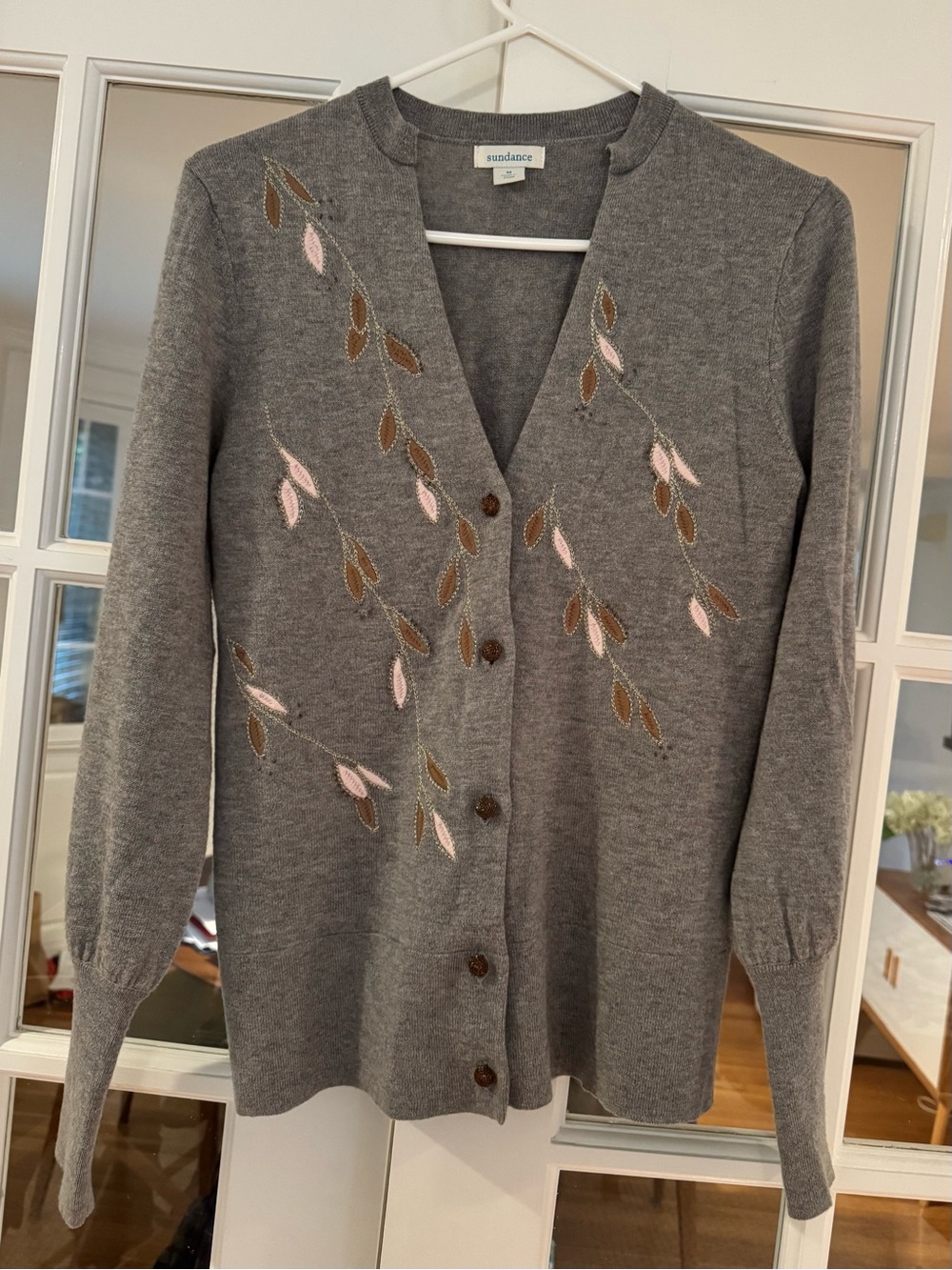 Sundance Women's Floral Embroidered Beaded Gray Cardigan Wool & Cotton Blend